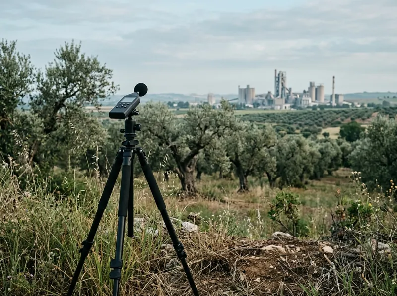 Fonometro su treppiede ai margini di un uliveto in Puglia
